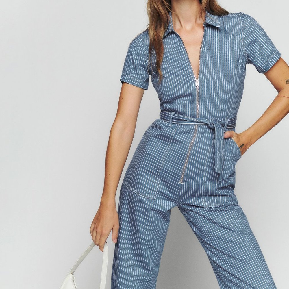 BNWT Reformation Cassidy Striped Denim Jumpsuit 0/XS